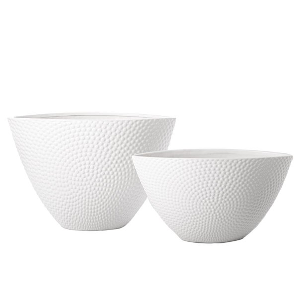 Urban Trends Collection Ceramic Oval Pot with Bursting Dotted Pattern  Tapered Bottom Matte White Set of 2 11067